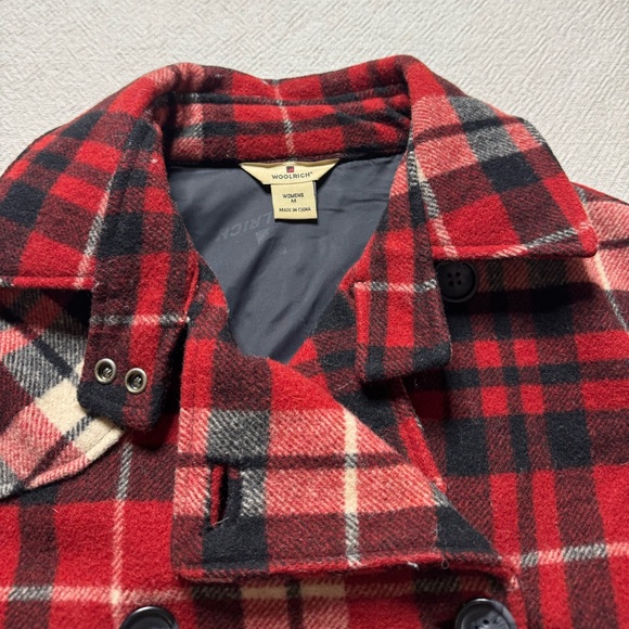 Woolrich Wool Blend Peacoat Red Cream Plaid Jacket M Christmas Pea Coat - Picture 5 of 8